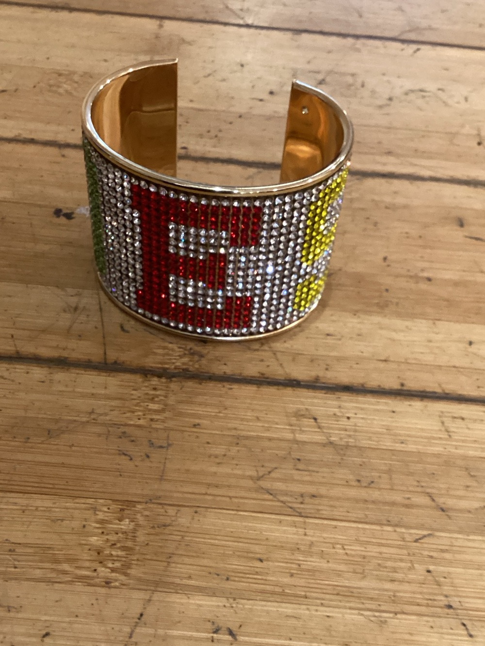 Gold Tone Crystal‎ Cuff Bracelet with Red, Yellow & Green Accents